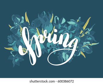 Beautiful hand written lettering calligraphy inscription Spring with hand drawn floral background flowers iris and narcissus. Vector grunge illustration for flyer, banner, t-shirt print etc.