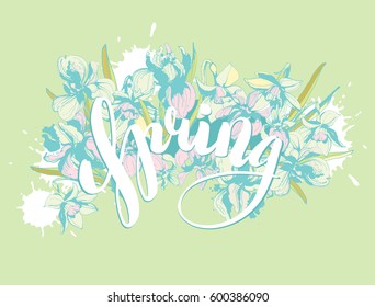 Beautiful hand written lettering calligraphy inscription Spring with hand drawn floral background flowers iris and narcissus. Vector grunge illustration for flyer, banner, t-shirt print etc.