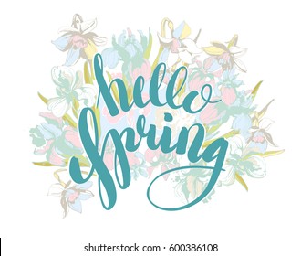 Beautiful hand written lettering calligraphy inscription Hello Spring with hand drawn floral background flowers iris and narcissus. Vector grunge illustration for flyer, banner, t-shirt print etc.