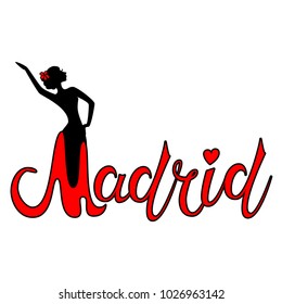 Beautiful hand written text typography design of europe european city madrid name logo with silhouette of a dancing flamenco dancer suitable for tourism or visit promotion