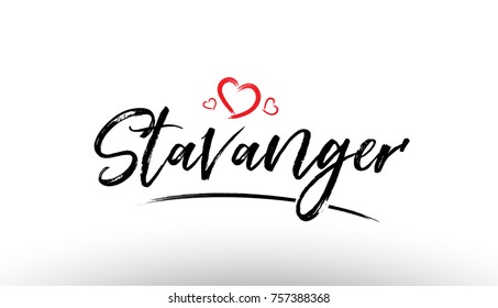 Beautiful hand written text typography design of europe european city stavanger name logo with red heart suitable for tourism or visit promotion