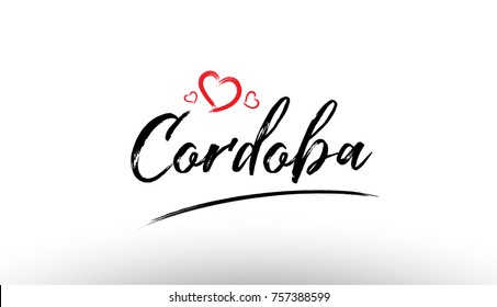 Beautiful hand written text typography design of europe european city cordoba name logo with red heart suitable for tourism or visit promotion