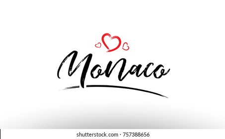 Beautiful hand written text typography design of europe european city monaco name logo with red heart suitable for tourism or visit promotion
