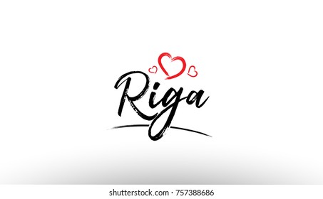 Beautiful hand written text typography design of europe european city riga name logo with red heart suitable for tourism or visit promotion