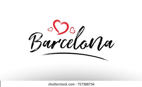 Beautiful hand written text typography design of europe european city barcelona name logo with red heart suitable for tourism or visit promotion