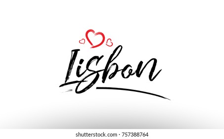 Beautiful hand written text typography design of europe european city lisbon name logo with red heart suitable for tourism or visit promotion