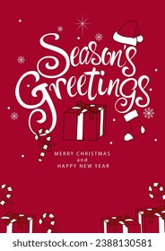 Beautiful handcrafted Season's Greetings script, with festive Christmas icons set against a vibrant red background, exudes warmth and joy, making it a perfect to your Christmas-themed projects
