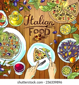 beautiful hand-draw illustration- Italian food on the wood texture