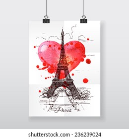 Beautiful hand-draw poster Paris and watercolor heart