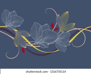 Beautiful hand-drawn abstract background with amaryllis flowers and bright leaves.