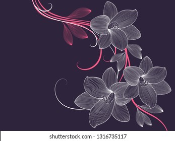 Beautiful hand-drawn abstract background with amaryllis flowers and bright leaves.