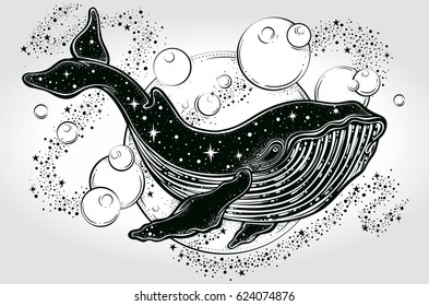 Beautiful hand-drawn artwork of whale with night sky in its back. Tattoo art, graphic, t-shirt design, postcard, poster design, coloring books,spirituality, occultism. Vector illustration.