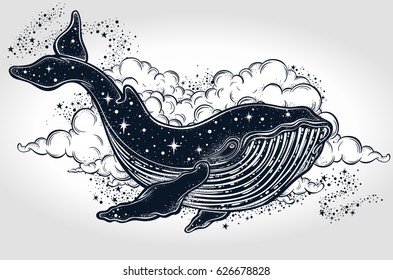 Beautiful hand-drawn artwork of whale with night sky in its back. Tattoo art, graphic, t-shirt design, postcard, poster design, coloring books,spirituality, occultism. Vector illustration.