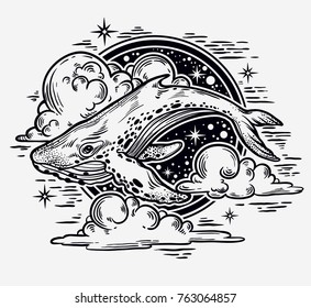 Beautiful hand-drawn artwork of whale with night sky. Tattoo art, graphic, t-shirt design, postcard, poster design, coloring books, card. Vector illustration.