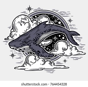 Beautiful hand-drawn artwork of whale with night sky. Tattoo art, graphic, t-shirt design, postcard, poster design, coloring books, card. Vector illustration.