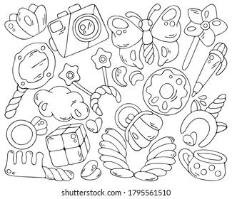 Beautiful handdrawn black outline cartoon kids stuff big doodle collection. Little princess, magic set vector illustrations isolated on a white background.