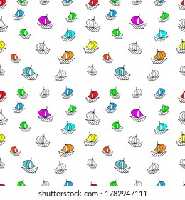Hermosa ilustración de vector negro dibujado a mano de un grupo de botes de juguete con velas de colores aisladas en un fondo blanco para libro de colorear para niños