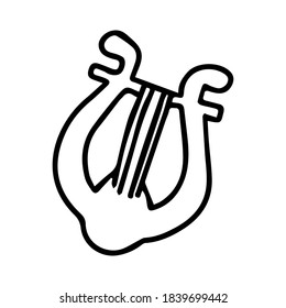 Beautiful hand-drawn black vector illustration of one toy harp isolated on a white background for coloring book for children. stringed musical instrument