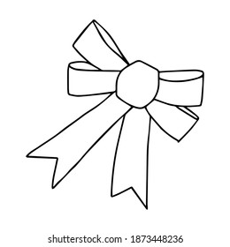 Beautiful hand-drawn black vector illustration of one Christmas bow isolated on a white background for coloring book for children