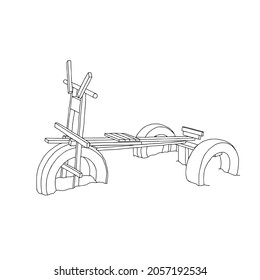 A Beautiful hand-drawn black vector illustration of a wooden bike for children isolated on a white background