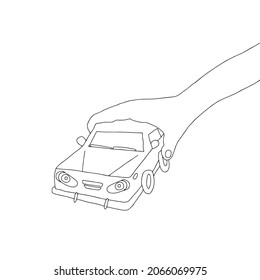 Beautiful hand-drawn black vector illustration of toy car in children hand isolated on a white background for coloring book for children