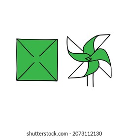 A Beautiful hand-drawn black vector illustration of one green origami paper toy windmill isolated on a white background for coloring book for children