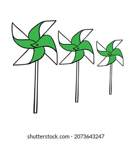 A Beautiful hand-drawn black vector illustration of a group green origami paper toy windmills isolated on a white background for coloring book for children