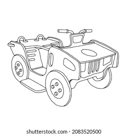 A Beautiful hand-drawn black vector illustration of toy wooden car isolated on a white background for coloring book for children