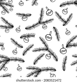 Hermosa ilustración de vector negro dibujado a mano de bolas de juguete navideño con textura y un árbol de abetos aislados en un fondo blanco. Patrón transparente