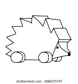 A Beautiful hand-drawn black vector illustration of one toy wooden hedgehog isolated on a white background for coloring book for children