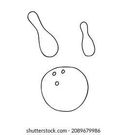 Eine schöne handgezeichnete schwarze Vektorgrafik von einem Bowlingball und zwei Stiften einzeln auf weißem Hintergrund für das Farbbuch für Kinder