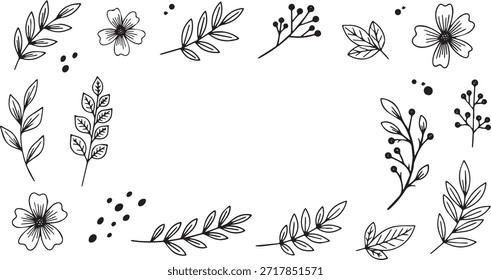 Un hermoso marco botánico dibujado a mano con una variedad de delicadas hojas, ramas y flores simples, perfecto para invitaciones o bordes decorativos.