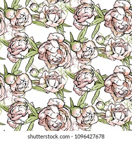 Beautiful hand-drawn bouquet of pink peonies. Vector illustration. Peony seamless pattern. Floral background. Endless pattern of flowers.