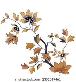 A beautiful hand-drawn branch with vibrant leaves and delicate flowers