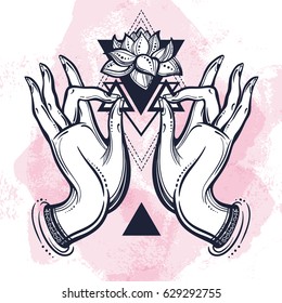 Beautiful hand-drawn Buddha hands with Lotus flower and sacred geometry. Isolated vector illustration. Tattoo, yoga, spirituality, textiles.