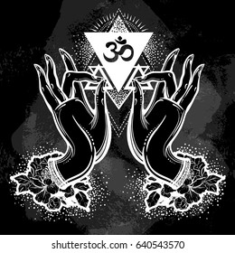 Beautiful hand-drawn Buddha hands with peony flower and sacred geometry. Vintage chalk. Isolated vector illustration over the blackboard. Tattoo, yoga, spirituality, textiles.?