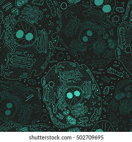 Beautiful handdrawn cell seamless pattern in dark grey and blue colours. Vector biology illustration in unique artistic style. Background useful for creating wrapping paper, wallpaper or fabric design