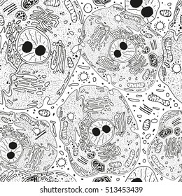 Beautiful handdrawn cell seamless pattern in grey and white colours. Vector biology illustration in unique artistic style. Graphic background for creating wrapping paper, wallpaper or fabric design.