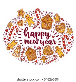 Beautiful hand-drawn Christmas pattern. Happy New Year lettering. Pattern with ginger biscuits: man, tree, star, heart, and house. for Christmas gifts and decorations. Christmas sweets
