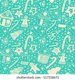 Beautiful hand-drawn Christmas pattern on a turquoise background. Pattern with ginger biscuits: man, tree, star, heart, and house.  for Christmas gifts and decorations. Christmas sweets