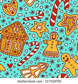 Beautiful hand-drawn Christmas pattern on a turquoise background. Pattern with ginger biscuits: man, tree, star, heart, and house.for Christmas gifts and decorations. Christmas sweets