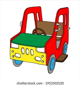 Hermosa ilustración vectorial de color dibujada a mano de un coche de madera de juguete aislado en un fondo blanco para los niños. Rojo azul azul