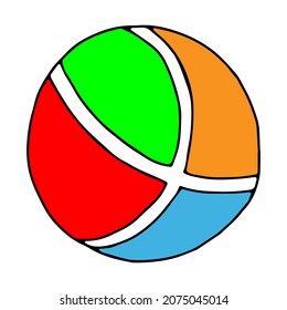 A Beautiful hand-drawn colored vector illustration of one rubber toy ball with stripes isolated on a white background for coloring book for children