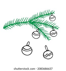 A Beautiful hand-drawn colored vector illustration of a group of toy Christmas balls with texture and a green fir tree isolated on a white background for coloring book for children