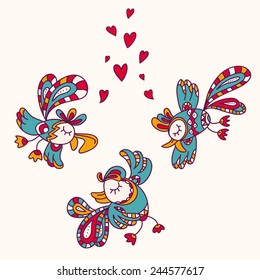 Beautiful, hand-drawn colorful exotic birds in flight. Fully editable vector. Ideal to use as a print on textiles.