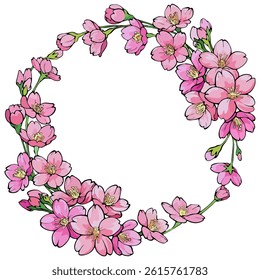 A beautiful hand-drawn digital illustration of a wreath made of pink cherry blossoms and green buds on curved branches, forming a decorative circular frame with a white center.