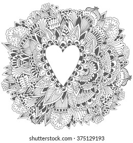 Beautiful hand-drawn doodle in the form of heart. hand drawn Doodle Happy Valentines Day illustration. Postcard, background, love. Coloring anti-stress. Coloring for adults