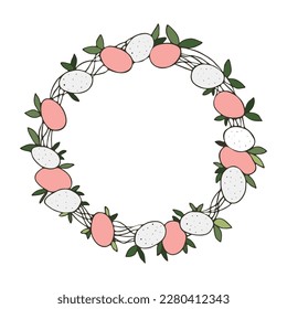 A beautiful hand-drawn Easter wreath in a delicate pink and white color