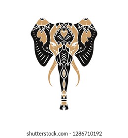 Beautiful handdrawn elephant outline. Boho tribal style. Black and gold ethnic ornaments. Poster, spiritual art, yoga. Indian theme, Ganesha, symbol of India. Antistress art