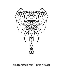 Beautiful handdrawn elephant outline. Boho tribal style. Line ethnic ornaments. Poster, spiritual art, yoga. Indian theme, Ganesha, symbol of India. Antistress art